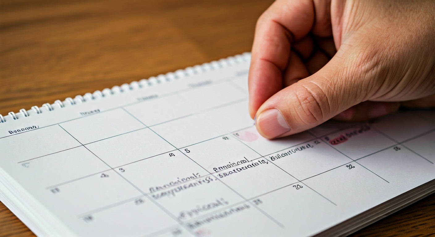 Hand on calendar showing warning signs